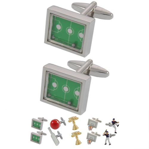 Manschettenknöpfe Herren Grün Fußball - Mit Box - Fußballplatz Mit Beweglichen Kugel - Langlebiges Messing - Rechteck - Silber Grünen Farben - Football Sport Soccer - Ein Paar von COLLAR AND CUFFS LONDON