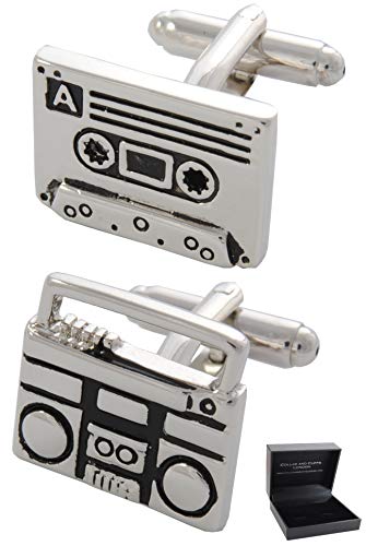 COLLAR AND CUFFS LONDON - HOCHWERTIGE Manschettenknöpfe mit Geschenk Box - Retro Kassette und Kassettenspieler - Stilvolle Messing - Musik Radio DJ Recorder - Silber und Schwarz Farben von COLLAR AND CUFFS LONDON