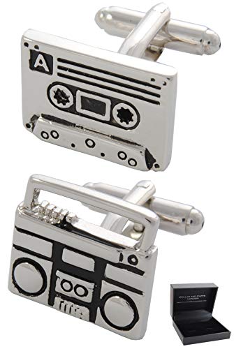 COLLAR AND CUFFS LONDON Manschettenknöpfe Herren Musik - Mit Box - Retro Kassette und Kassettenspieler - Langlebiges Messing - Radio DJ Recorder - Silber und Schwarz Farben - EIN Paar von COLLAR AND CUFFS LONDON