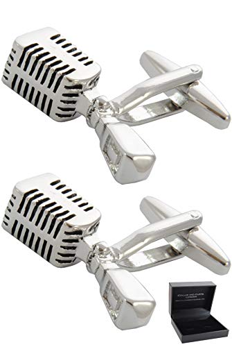 Manschettenknöpfe Herren Silber Farbe Musik - Mit Box - Retro-Mikrofon - Langlebiges Messing - Sänger Singen Musiker DJ - Ein Paar von COLLAR AND CUFFS LONDON