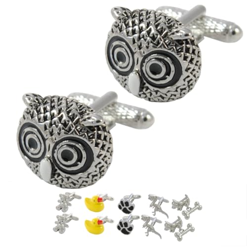 Manschettenknöpfe Herren Eule - Mit Box - Eulenkopf - Langlebiges Messing - Tier Vogel Weisheit - Silber, Schwarz und Weiß Farben - Ein Paar von COLLAR AND CUFFS LONDON