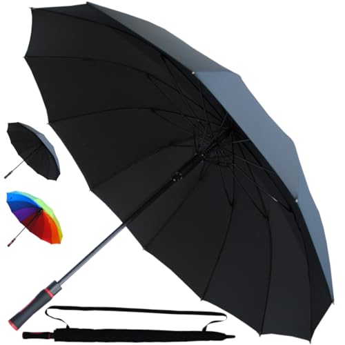 COLLAR AND CUFFS LONDON SELTEN 12 Rippen Golfschirm Automatik Sturmfest - Regenschirm Groß Stockschirm Herren Damen Windfest Sehr Stark - Windproof Verstärkt mit Fiberglas - Schwarz von COLLAR AND CUFFS LONDON