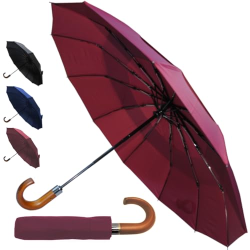 COLLAR AND CUFFS LONDON 80KPH SELTEN 12 Rippen Taschenschirm Automatik Klein - Regenschirm Ventilationsbezug Faltbar - Stark Windfest Verstärkt mit Fiberglas Auto AUF UND ZU Holz Burgunderrot Rot von COLLAR AND CUFFS LONDON