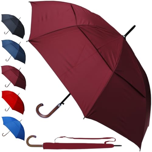 COLLAR AND CUFFS LONDON 95KPH Regenschirm Sturmfest - Stockschirm Herren Damen Windfest - SEHR STARK Windproof - Holzgriff - Verstärkt mit Fiberglas - Ventilationsbezug Automatik Burgunderrot Rot von COLLAR AND CUFFS LONDON