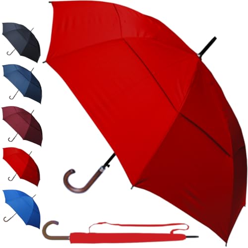 COLLAR AND CUFFS LONDON 95KPH Regenschirm Sturmfest - Stockschirm Herren Damen Windfest - SEHR STARK - Windproof - Holzgriff - Verstärkt mit Fiberglas - Ventilationsbezug - Automatik Candy Red Rot von COLLAR AND CUFFS LONDON