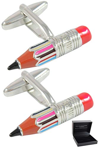 Manschettenknöpfe Herren Rot Lehrer - Mit Box - Bleistift - Langlebiges Messing - Rote und Silberne Farben - Schule Kunst Künstler Skizze Architekt Lehrer - Ein Paar von COLLAR AND CUFFS LONDON