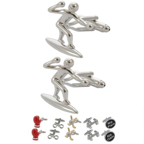 COLLAR AND CUFFS LONDON Manschettenknöpfe Herren Silber Farbe - Mit Box - Surfer - Langlebiges Messing - Surfbrett Wassersport Surfen Surfing Sport Meer - EIN Paar von COLLAR AND CUFFS LONDON