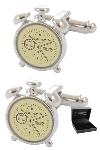 Manschettenknöpfe Herren Weiß - Mit Box - Wecker - Weißes Zifferblatt - Langlebiges Messing - Weiße und Silberne Farben - Zeit Uhr - Ein Paar von COLLAR AND CUFFS LONDON