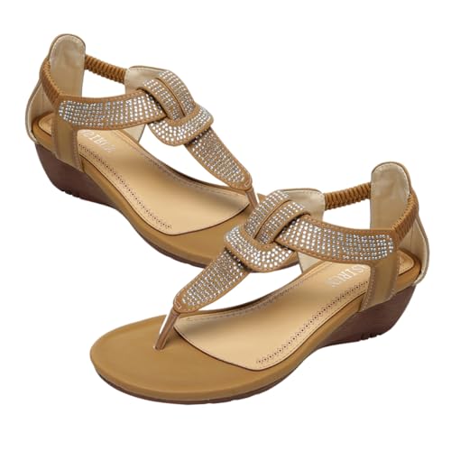 COLLBATH 1 Paar Damen Wedge Sandalen mit Sommer Schuhe Bequeme Ethno Sandalen Hellbraun für Strand Freizeit Vielseitig Kombinierbar mit Jeans Röcken von COLLBATH