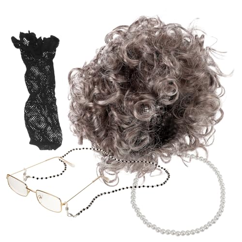 COLLBATH Perücke Satz Für Damen Oma-kostüm-requisiten Mit Brillenkette Und Haarnetz Cosplay-perücke Für Bühnenkostüm von COLLBATH