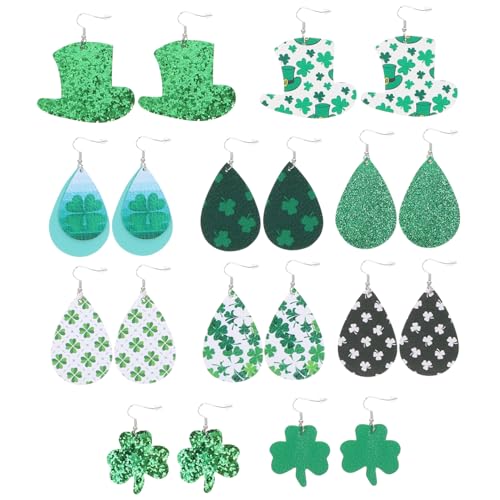 COLLBATH 10 Paar Ohrringe mit vier Kleeblättern st. Patricks Day Partyzubehör Damen Ohrringe grüne Ohrhänger Damenohrringe Kostüm Ohrentropfen Leder Ohrring vierblättriges Kleeblatt Irland von COLLBATH