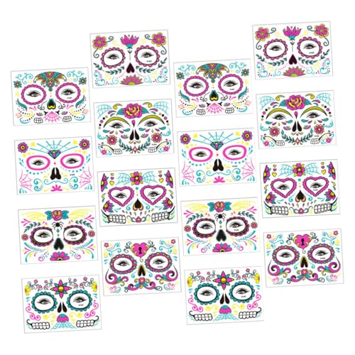 COLLBATH 16 Blatt Teiliges Fluoreszierendes Gesichtstattoo Halloween Party Zubehör Leuchtende Temporäre Sticker Day Of The Dead Neon Uv Tattoos für Fasching Karneval Make Up von COLLBATH