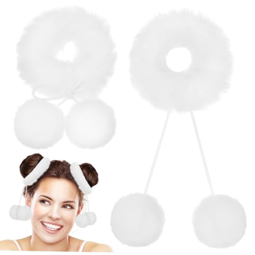 COLLBATH 2 Stück Flauschige Haargummis Weiß Weiche Elastische Scrunchies mit Pompon Komfortabel Haarschonend Dehnbar Modisch für Mädchen Vielseitig für Alltag und Winterpartys von COLLBATH