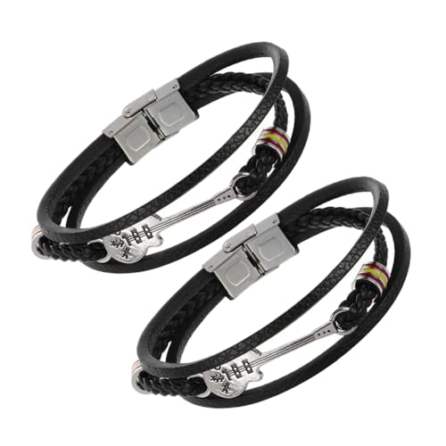 COLLBATH 2stücke Mehrschichtiges Punk-wickelarmband Für Herren Mit Gitarrenmotiv Verstellbarer Schwarzer Pu-manschettenschmuck Für Partys Und Freizeit von COLLBATH