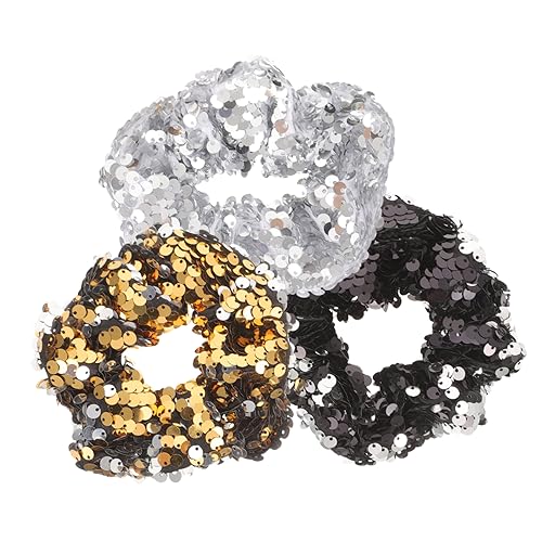 COLLBATH 3 Stück Große Elastische Haargummis mit Silber Schwarzen und Goldenen Pailletten Weiche Stoff Haarbänder für Damen und Mädchen Modischer Haarschmuck für Alltag und Party von COLLBATH