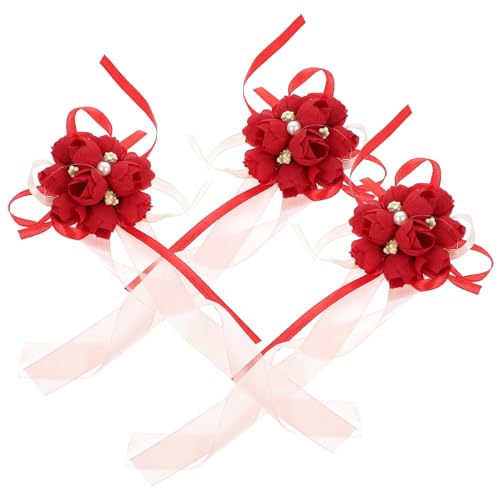 COLLBATH 3St Brautarmband Anzug für Kinder Blumenarmband für Hochzeit Blumenarmband für die Brautjungfer Koreanisch Schmuck der Brautjungfer Brosche Bräutigam einstellen Stoff rot von COLLBATH