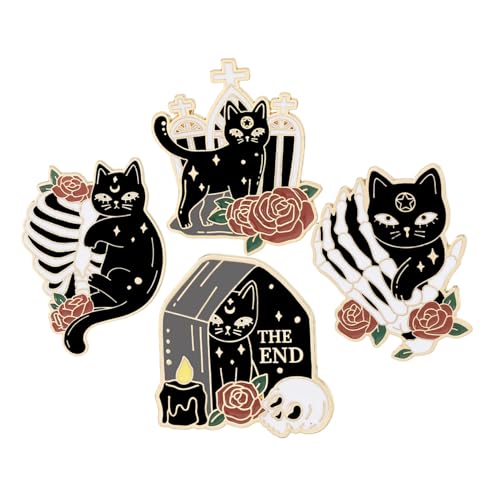 COLLBATH 4 Stück Teiliges Halloween Broschen Set mit Schwarzer Katze Niedliche Metall-anstecknadeln für Damen und Herren Vielseitige Schmuckpins für Kleidung Rucksäcke Hüte und Taschen von COLLBATH