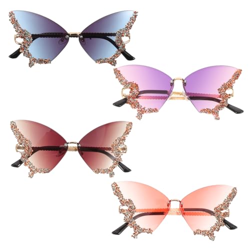 COLLBATH 4 Stück Vintage Schmetterling Sonnenbrillen mit Funkelnden Strasssteinen Rahmenloses Design UV Schutz Leicht und Komfortabel Modisch für Damen für Fotoshootings und Partys von COLLBATH