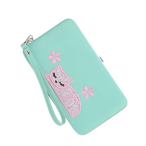 COLLBATH Geldbörse Mit Katzenstickmuster Dreifach Gefaltet Mehrere Kartenfächer Lange Geldbörse Für Damen Aquamarinfarbene Tasche Praktisch Und Elegant von COLLBATH