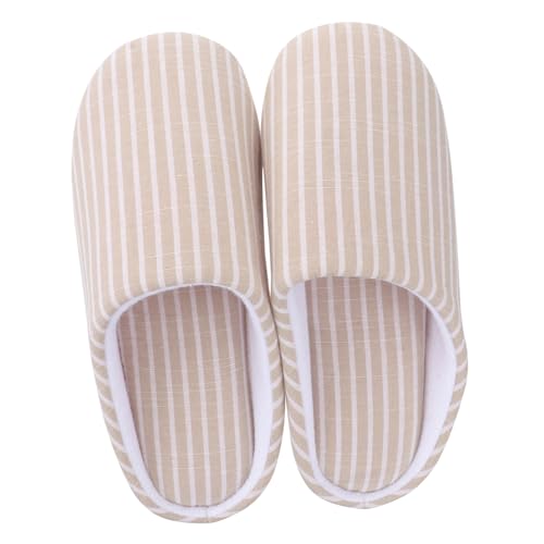 COLLBATH Beige Gestreifte Baumwoll Hausschuhe Damen und Herren Leichte Flauschige Winterpantoffeln mit Weicher Sohle Atmungsaktiv und Wärmend Passend für Indoor und Zuhause von COLLBATH