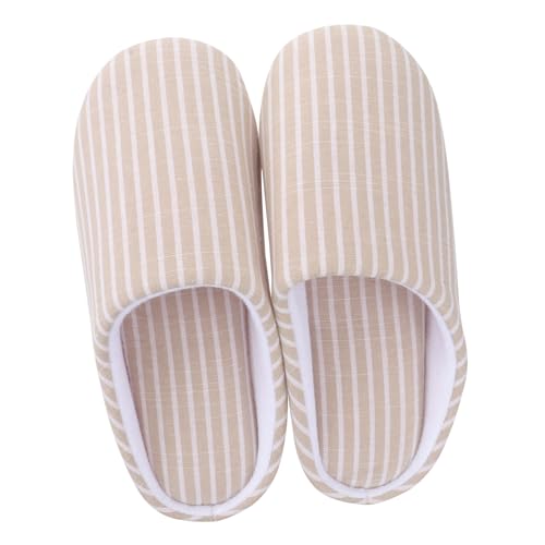 COLLBATH Beige Gestreifte Leichte Baumwoll Hausschuhe mit Weichem Flauschigem Innenfutter Rutschfeste Japanisch Inspirierte Pantoffeln für Damen und Herren S Warme Bequeme Slipper für von COLLBATH
