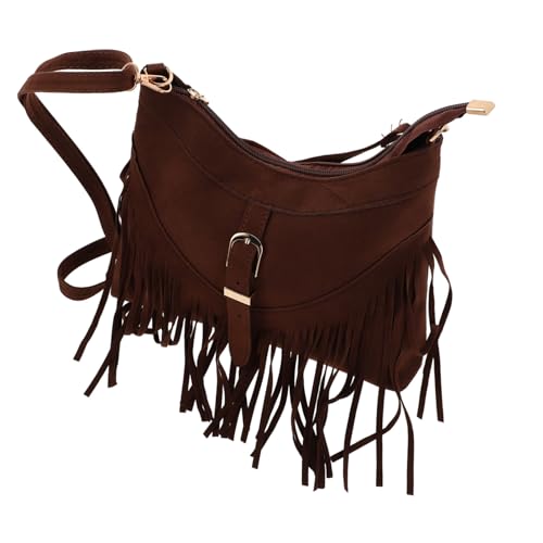 COLLBATH Boho Crossbody Bag Damen Vintage Wildleder Schultertasche mit Fransen Ethno Muster Kleine Umhängetasche für Alltag und Reisen Stilvolle Bohemian Handtasche in Dunkelbraun von COLLBATH