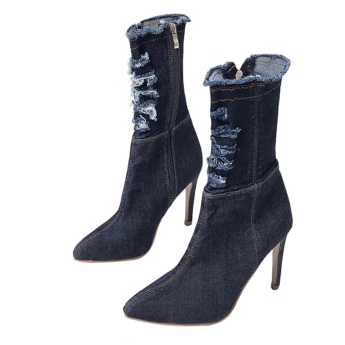 COLLBATH Damen High Heeled Boots aus Elastischem Denim mit Dünnem Absatz Rutschfest Atmungsaktive Innenfütterung Modisch Eleganter Herbst Winter Stiefel Stilvoller Europäischer Look von COLLBATH