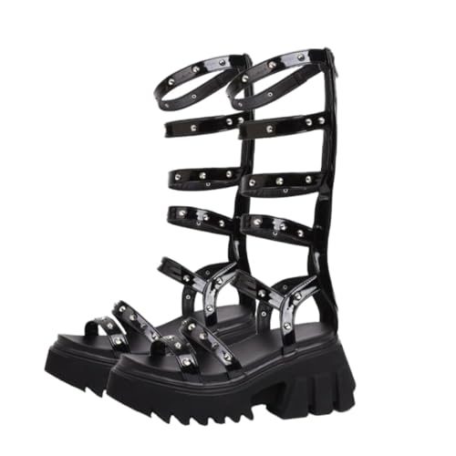 COLLBATH Damen High heeled Sandalen mit Nietenbesatz Dicker Plateau sohle Schwarzem Lackleder Offener Zehenpartie Modische Sommer sandaletten für Alltag und Party von COLLBATH