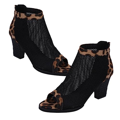 COLLBATH Damen Netzstoff Sandalen mit Chunky Absatz Hohles Design Offener Zeh High Heels für Alltag und Party Leopardmuster Bequeme Langlebige Damenschuhe von COLLBATH