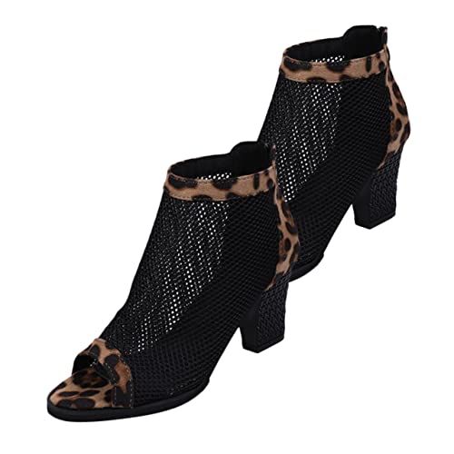 COLLBATH Damen Netzstoff Sandalen mit Leopardenmuster Grober Blockabsatz Offenem Zehenbereich Bequeme High Heels Sommerschuhe Vielseitig Kombinierbar von COLLBATH