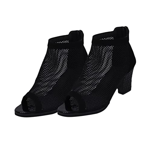 COLLBATH Damen Sandalen Chunky High Heels mit Netz Design Fischmaul Peep Toe Bequeme Absatzschuhe für Alltag und Party Schwarz Dress Shoes von COLLBATH