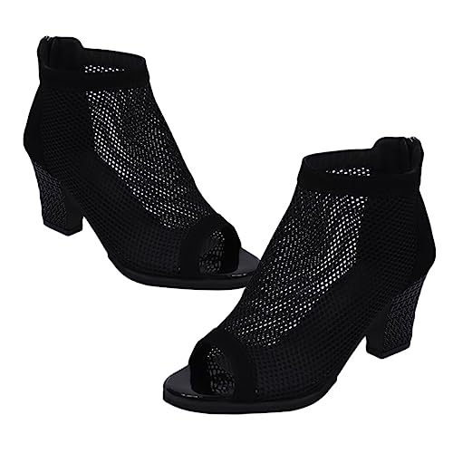 COLLBATH Damen Sandalen mit Chunky Absatz Netzdesign Offene Fischmaulspitze Bequeme High Heels Schwarz und Strapazierfähige Sommer Schuhe von COLLBATH