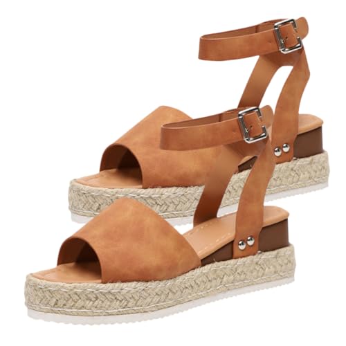 COLLBATH Damen Sandalen mit Flanschsohle Geflochtene Strohsandalen Plateau sommerschuhe Rutschfest Braun US Geeignet für Strand und Freizeit von COLLBATH