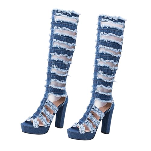 COLLBATH Damen Sommerstiefel Fischmaul Sandalen mit Hohem Blockabsatz Atmungsaktive Modische High Heels Boots Offene Langschaftstiefel in Hellblau und Stilvoll von COLLBATH