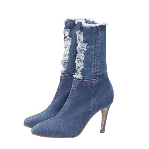 COLLBATH Damen Stiefel mit Absatz Herbst Winter Elastischer Denim Stretch High Heels Schlanke Leichte Rutschfeste Langlebige Modeboots für Vielseitige Stylings von COLLBATH