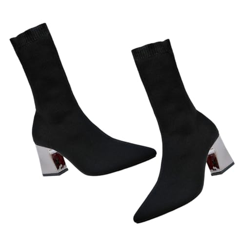 COLLBATH Damen Stiefeletten mit Chunky Absatz Spitz Zulaufend Elastische Herbst Winter Schuhe Komfortabel Rutschfest Vielseitig für Alltag Party Outdoor und Festliche Anlässe Schwarz von COLLBATH
