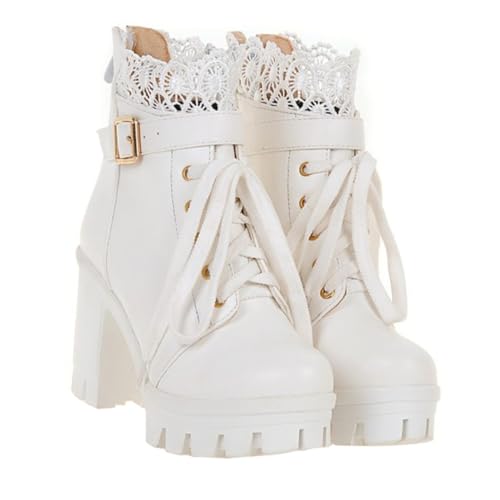 COLLBATH Damen Stiefeletten mit Komfortablem Dickem Absatz Elegante Kurze Boots aus Hochwertigem Material Rutschfeste Gummisohle Modisch und Bequem für Herbst und Winter Weiß von COLLBATH