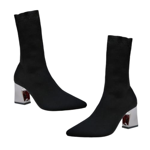 COLLBATH Damen Stiefeletten mit Spitz Zulaufender Zehenpartie Dickem Absatz Elastischem Strickmaterial Komfortabel und für Herbst Winter Vielseitig Kombinierbar für Alltag und Festliche von COLLBATH
