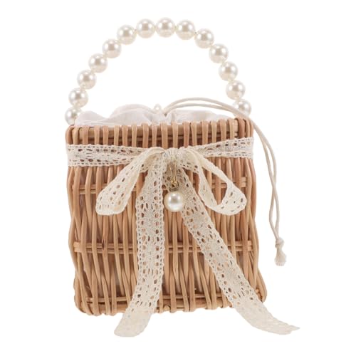 COLLBATH Damen Wicker Tasche mit Eckigem Rattan-Gehäuse Handgefertigte Sommer-tasche mit Perlenkette und Spitzenband Stilvolle Handtasche für Strand Markt und Festliche Anlässe von COLLBATH