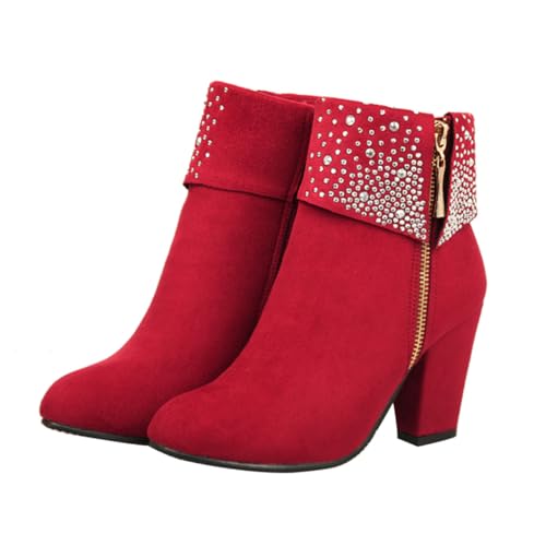 COLLBATH Damen Winter Stiefeletten mit Blockabsatz und Strass Verzierung Rote Kurzstiefel aus PU und Gummi Modische Ankle Boots für Hochzeit Party und Festliche Anlässe von COLLBATH