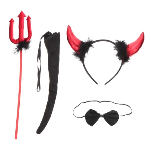 COLLBATH Devil Kostüm Set Teilig mit Rotem Stoffhörner Haarreif Teufelsdreizack und Fliege Halloween Party Cosplay Zubehör für Dämon Themen und Kostümpartys von COLLBATH