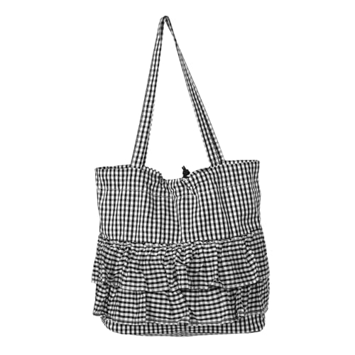 COLLBATH Große Kariert Canvas Tote Bag mit Rüschenbesatz Modische Geräumige Schultertasche aus Robustem Canvas für Frauen Vielseitig Einsetzbar bei Arbeit Shopping Urlaub Schwarz von COLLBATH