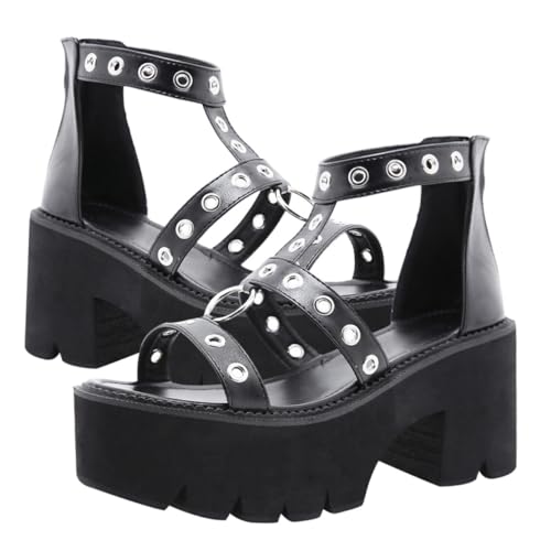 COLLBATH Hochwertige Damen Sandalen mit Offenem Zeh und Hohem Absatz Dicker Plateau sohle Modischem Metallring design Atmungsaktiv und Langlebig für Alltag und Besondere Anlässe Schwarz von COLLBATH