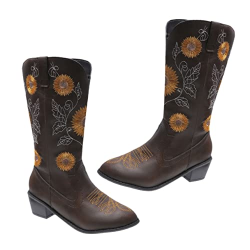 COLLBATH PU Damen Stiefel Mid Tube mit Grobem Absatz und Blumenstickerei Bequeme Atmungsaktive Innensohle Rutschfeste Verschleißfeste Winter Herbst Schuhe aus Premium PU Material von COLLBATH