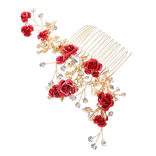 COLLBATH Roter Haarkamm mit Blumen Strass und Perlen Eleganter Brautschmuck für Hochzeiten und Partys Vintage Haaraccessoire für Damen Dekorativer Haarschmuck für Besondere Anlässe von COLLBATH