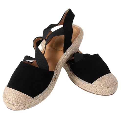 COLLBATH Sommer Damen Sandalen aus Strohbast Rutschfeste Keilabsatz Schuhe mit Rundem Zehenbereich Cross Design Langlebig und Schwarz für Freizeit und Alltag von COLLBATH