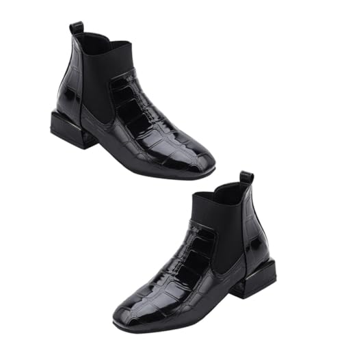 COLLBATH Stylische Damen Kurzstiefel aus Schwarzem Lackleder Quadratischer Zehenbereich Rutschfeste Laufsohle Komfortables Schlupfdesign Eleganter Mittelhoher Absatz für Vielseitige Anlässe von COLLBATH