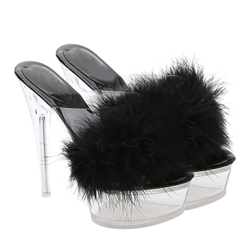 COLLBATH Transparent Damen Sandalen mit Flauschiger Verzierung Dünner Absatz Super Hoher Absatz Outdoor Slipper Stilvolle Geschenkidee für Frauen und Mädchen Schwarz von COLLBATH
