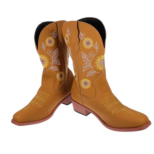 COLLBATH Winter Damen PU Boots mit Grobem Absatz Mittelhoch Besticktes Muster Rutschfeste Sohle Absatz Modisch und für Herbst und Winter Zufällige Farbe von COLLBATH