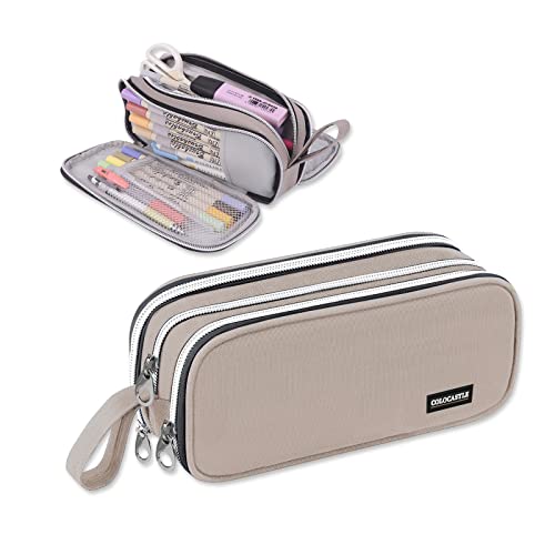 COLOCASTLE Federmäppchen Mäppchen Federmappe groß mit 3 Fächern Federtasche Mädchen Jungen Teenager Pencil Case Schlamppermäppchen für Schule Büro (Grau) von COLOCASTLE